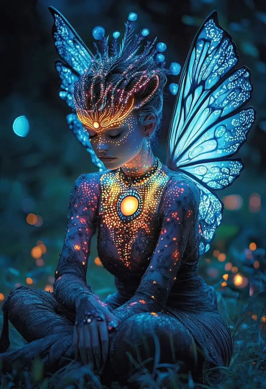 Monde spirituel — Sophie St-Hilaire Être féerique aux ailes de papillon bleues, assis en méditation
