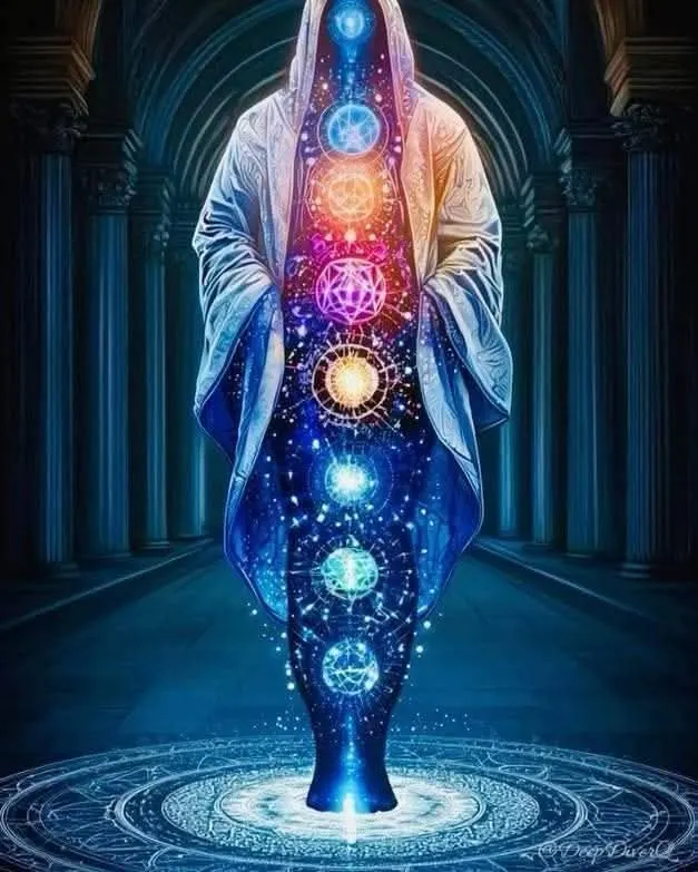 Alignement des chakras — Sophie St-Hilaire Silhouette lumineuse aux chakras alignés dans un temple bleu
