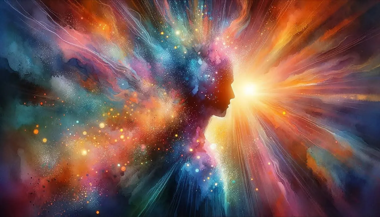 Visage de femme formé d'étoiles et de couleurs, éclat de lumière