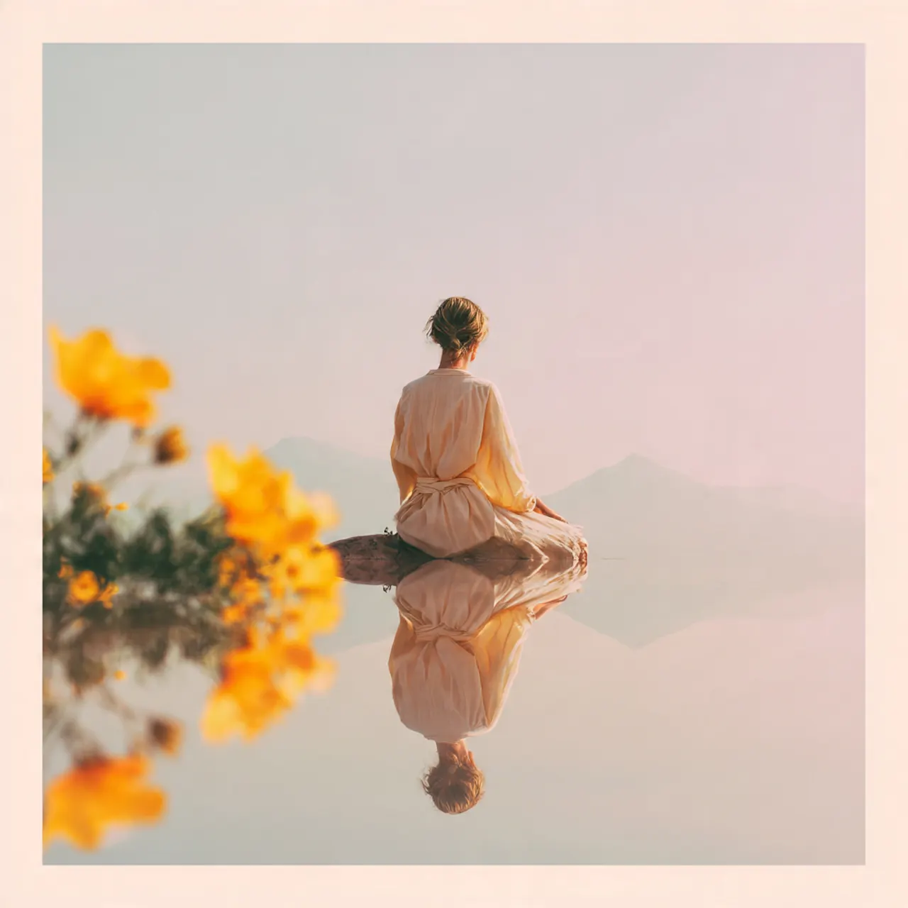 Paix intérieure — Sophie St-Hilaire Personne assise sur une eau calme, reflet et fleurs orangées