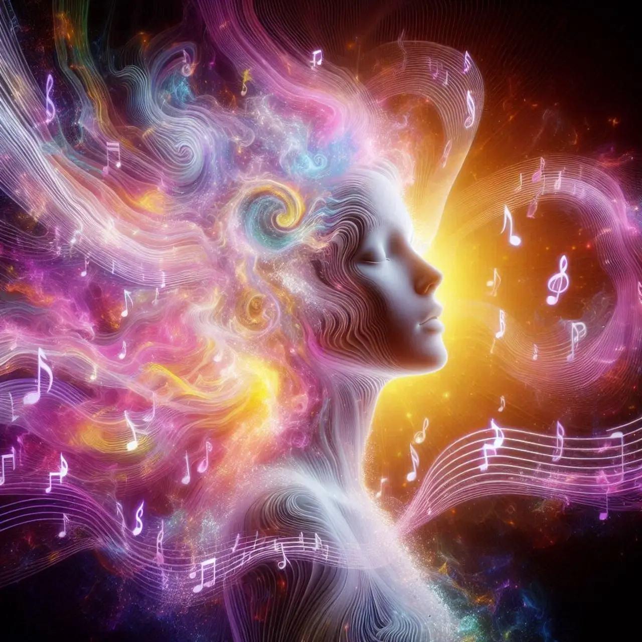 Visage de femme aux cheveux de lumière, entouré de notes de musique