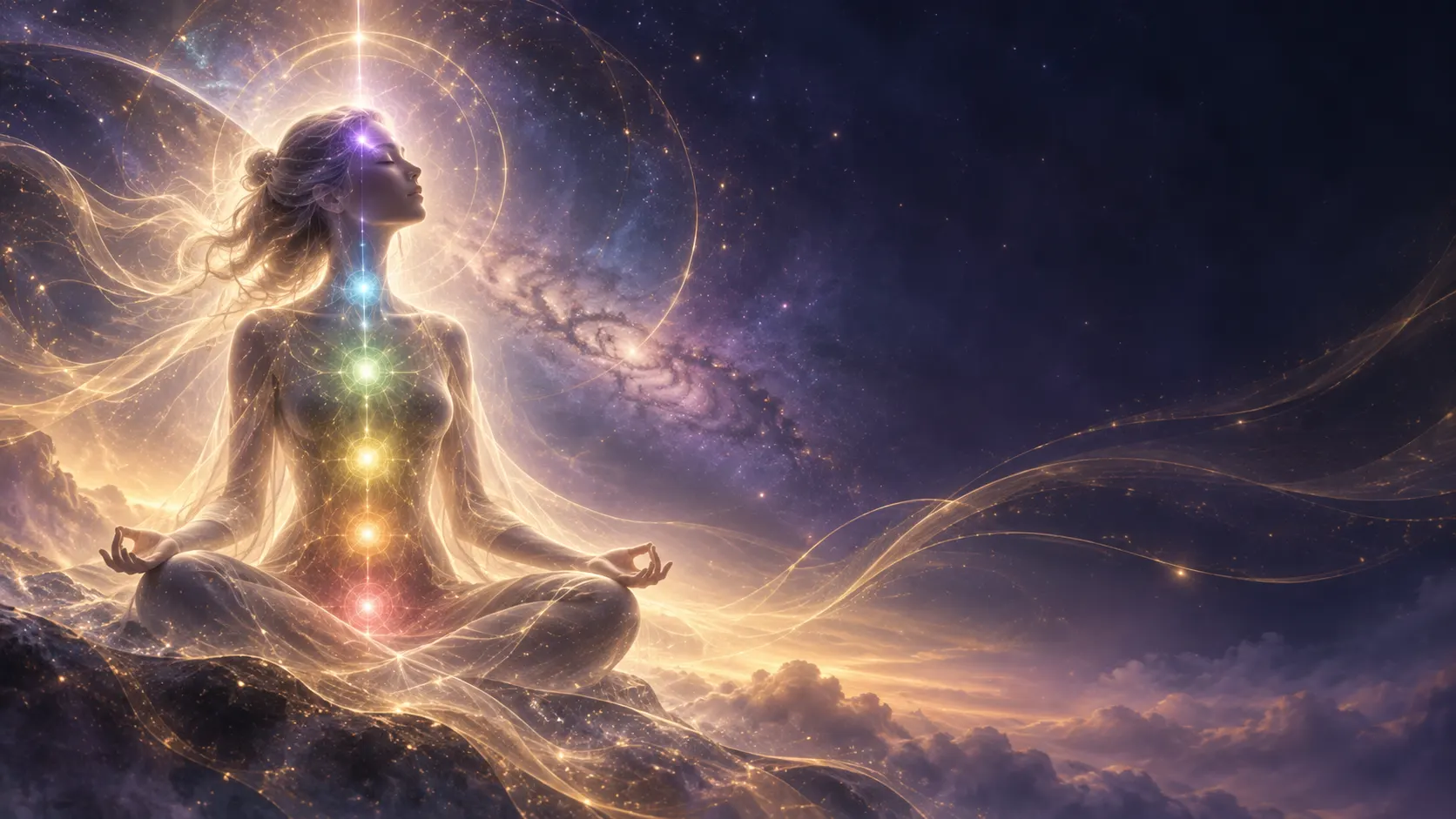 Méditation et chakras — Sophie St-Hilaire Femme en méditation, ses chakras illuminés sous un ciel étoilé