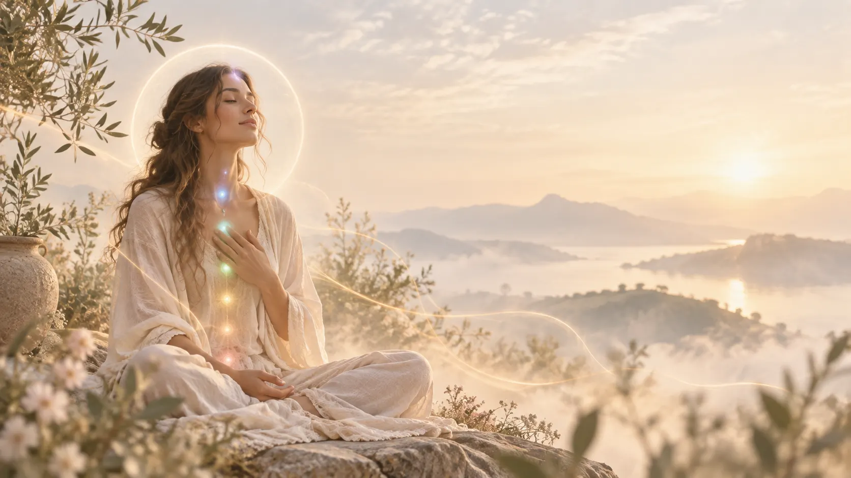 Femme en méditation baignée d'une lumière dorée au lever du soleil