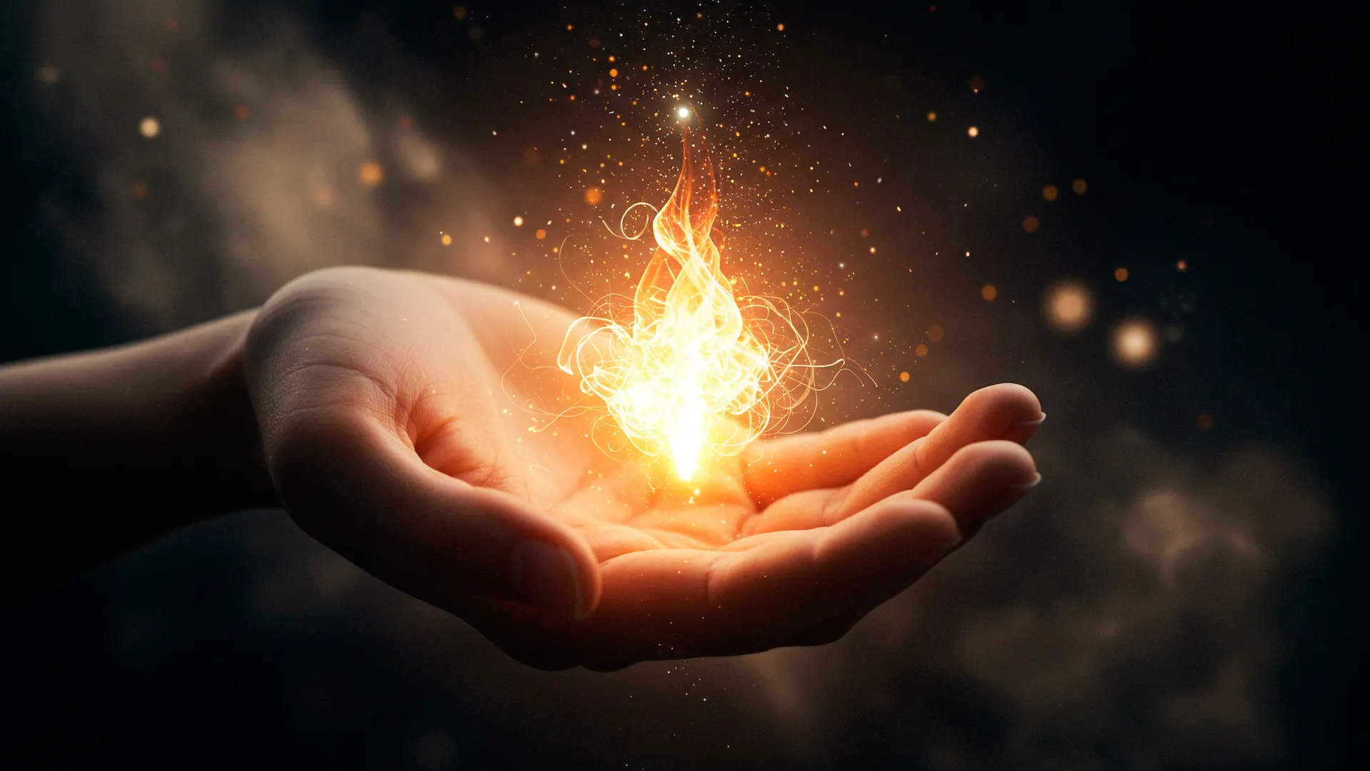 Main ouverte qui tient une flamme lumineuse dans l'obscurité