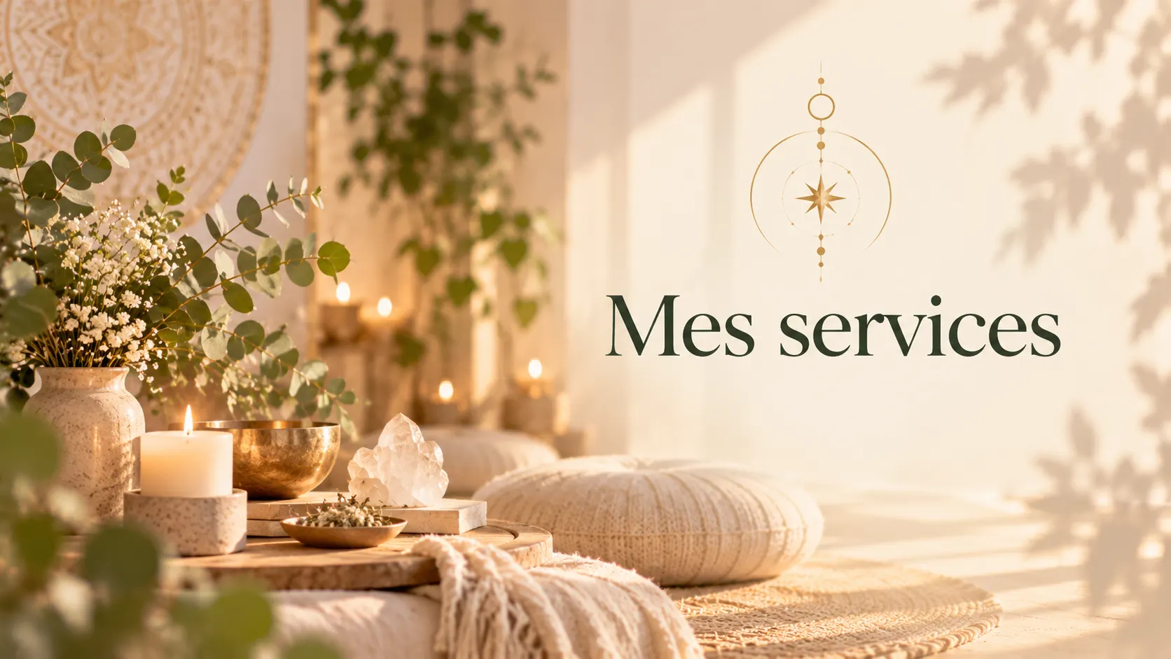 Bannière « Mes services » : coin de détente avec bougies, plantes et coussins