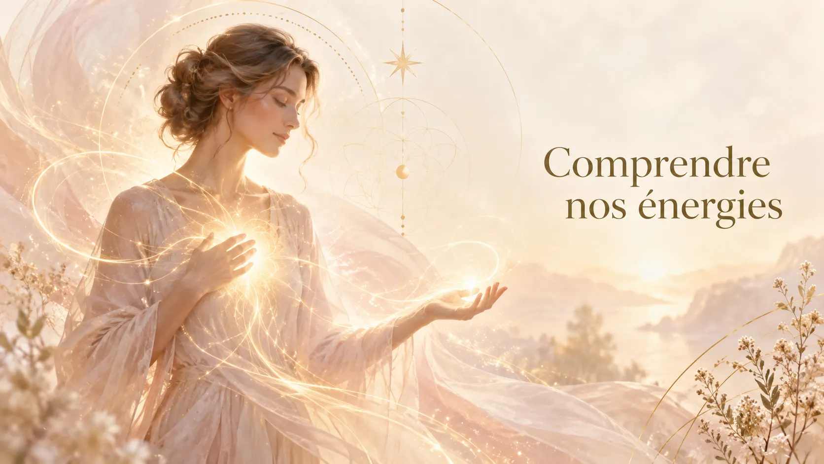 Bannière « Comprendre nos énergies » : femme entourée de lumière, main sur le cœur