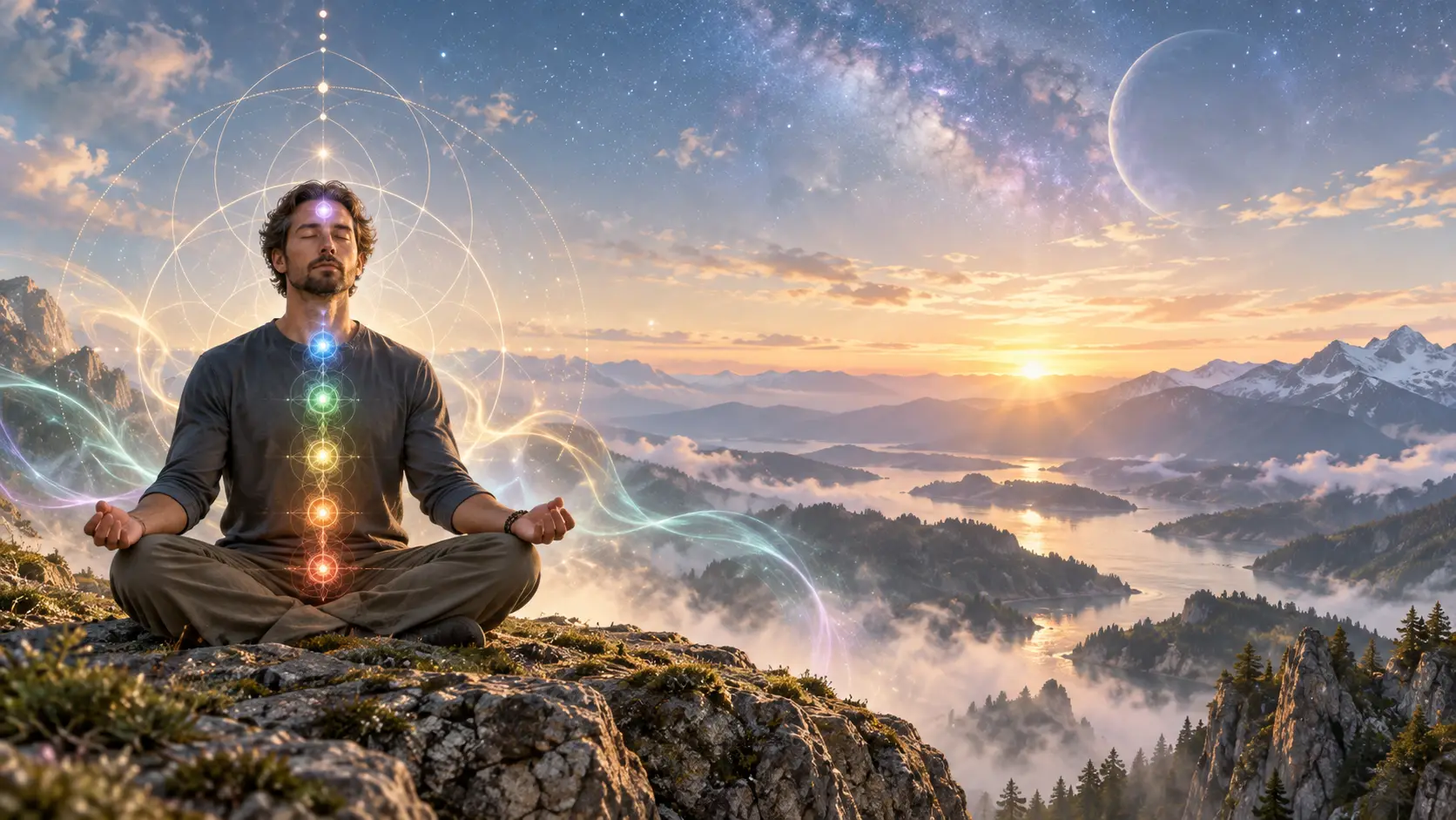 Méditation et énergie — Sophie St-Hilaire Homme en méditation au sommet d'une montagne, chakras illuminés