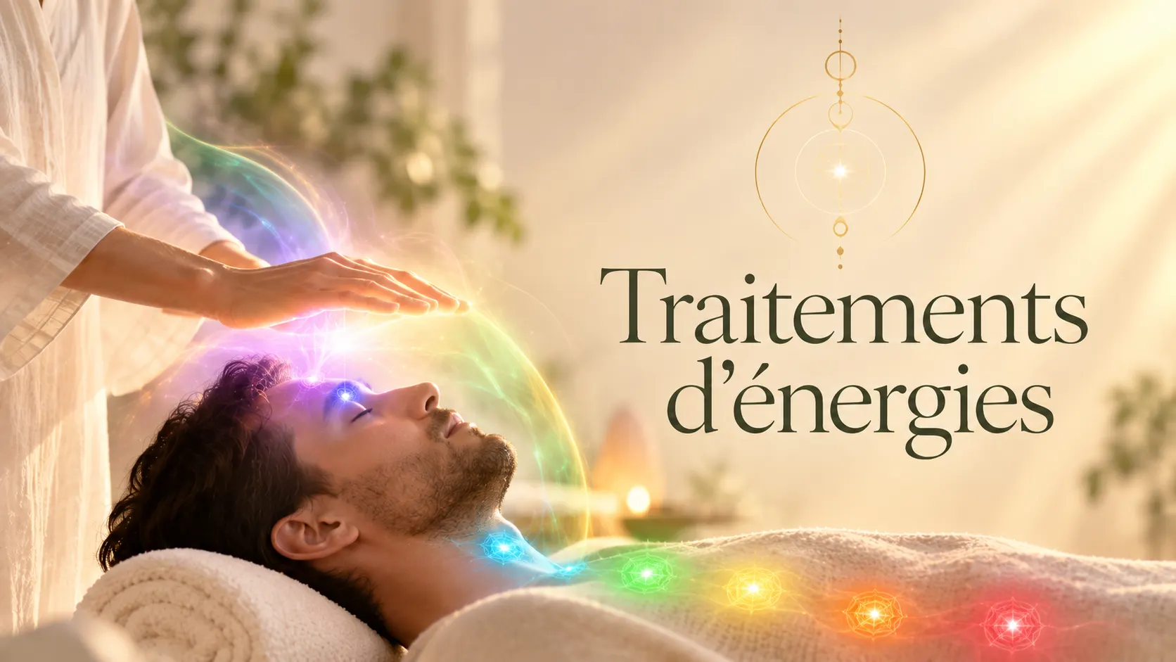 Bannière « Traitements d'énergies » : soin énergétique sur un homme allongé, chakras visibles
