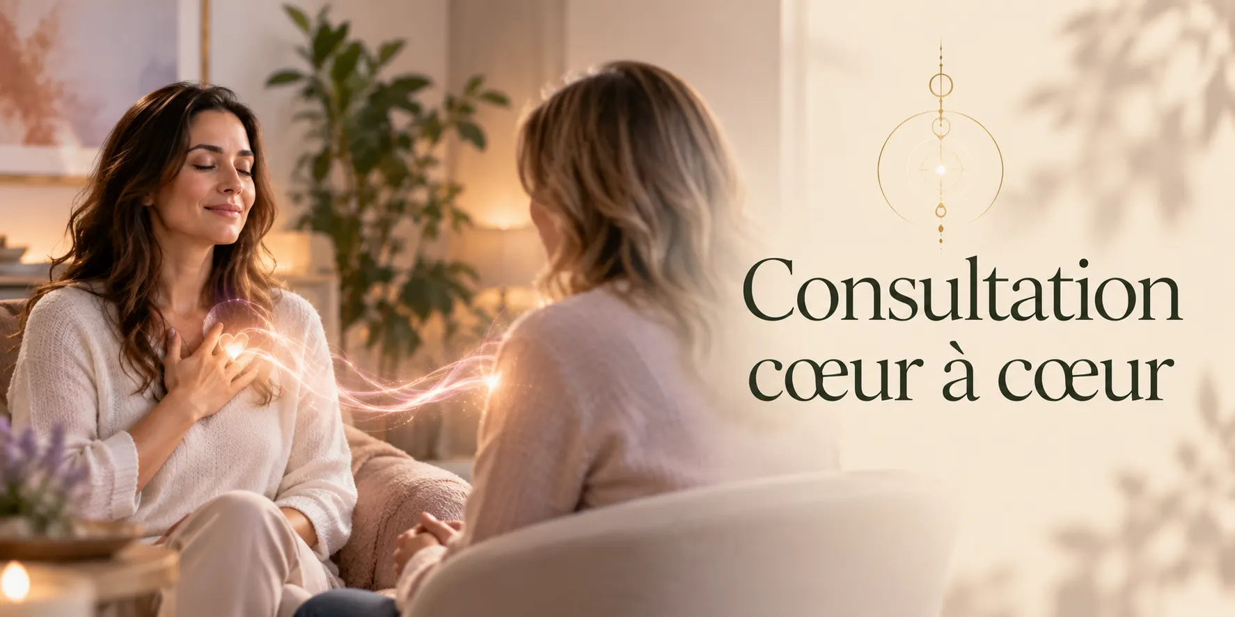 Bannière « Consultation cœur à cœur » : deux femmes en discussion, lien de lumière