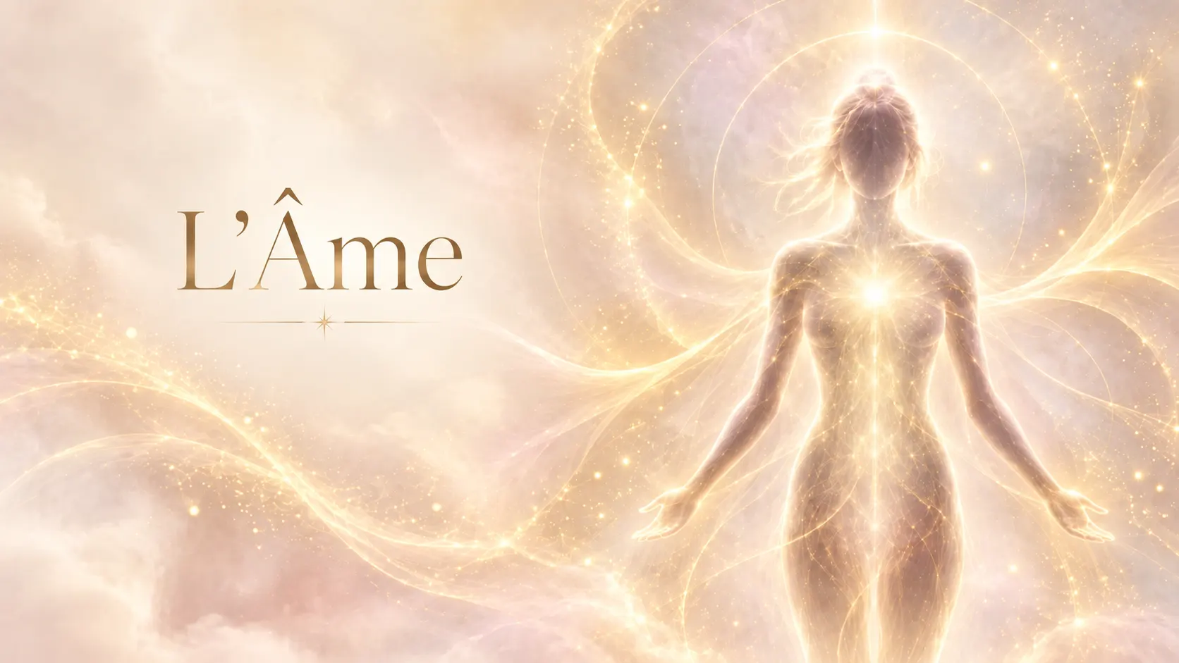Bannière « L'Âme » : silhouette lumineuse entourée de lumière dorée