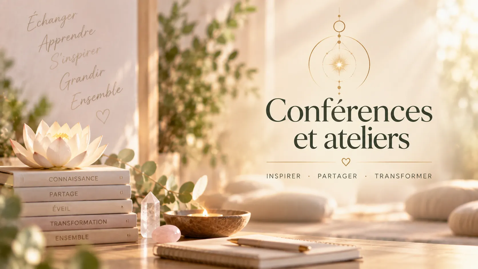 Conférences de spiritualité — Sophie St-Hilaire Bannière « Conférences et ateliers » : livres, fleur de lotus et coussins
