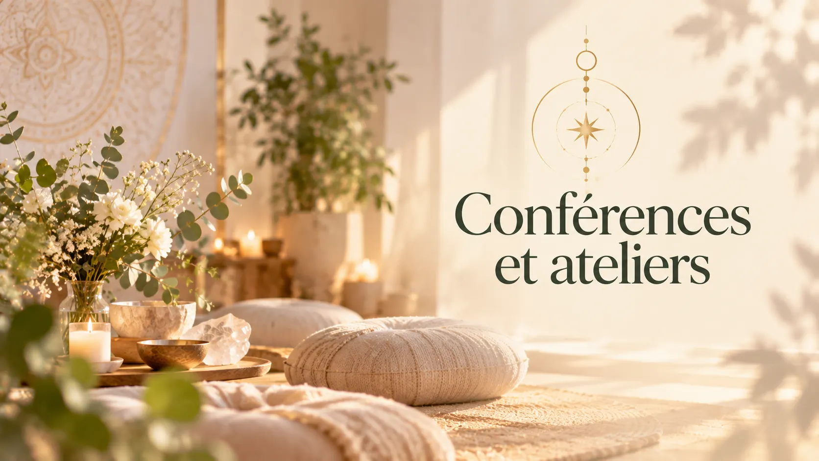 Bannière « Conférences et ateliers » : salle lumineuse avec coussins de méditation